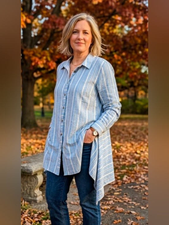 Foxcroft Tops - Foxcroft Blue Stripe With Horizontal Stripe On Low Back Cotton Shirt Sz 16W